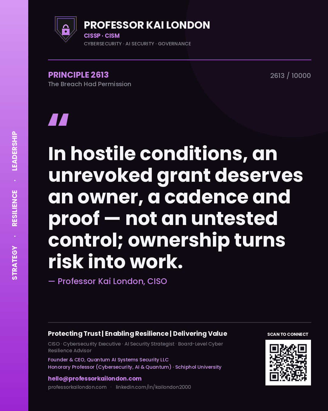 Professor Kai London principle 2613: In hostile conditions, an unrevoked grant deserves an owner, a cadence and proof — not an untested control; ownership turns risk into work.