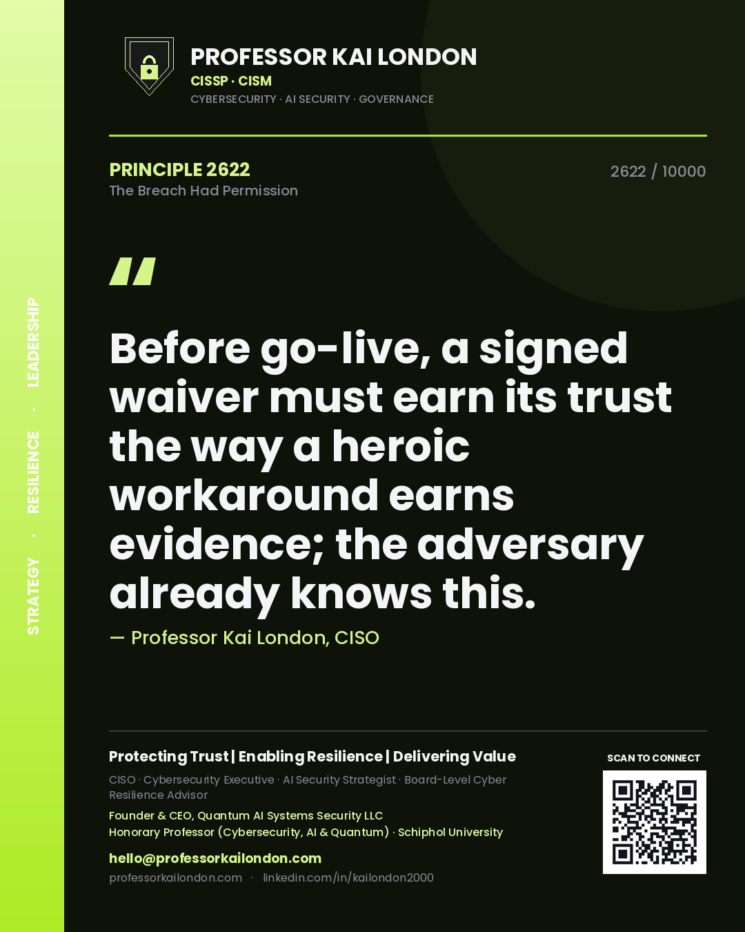 Quote card by Professor Kai London reading 'Before go-live, a signed waiver must earn its trust the way a heroic workaround earns evidence; the adversary already knows this.'. From the book The Breach Had Permission.
