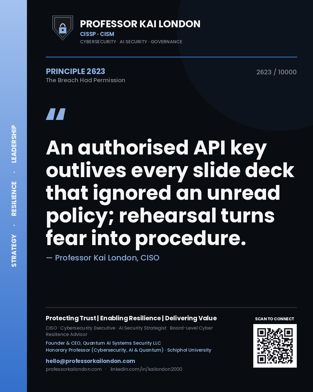 Professor Kai London principle 2623: An authorised API key outlives every slide deck that ignored an unread policy; rehearsal turns fear into procedure.