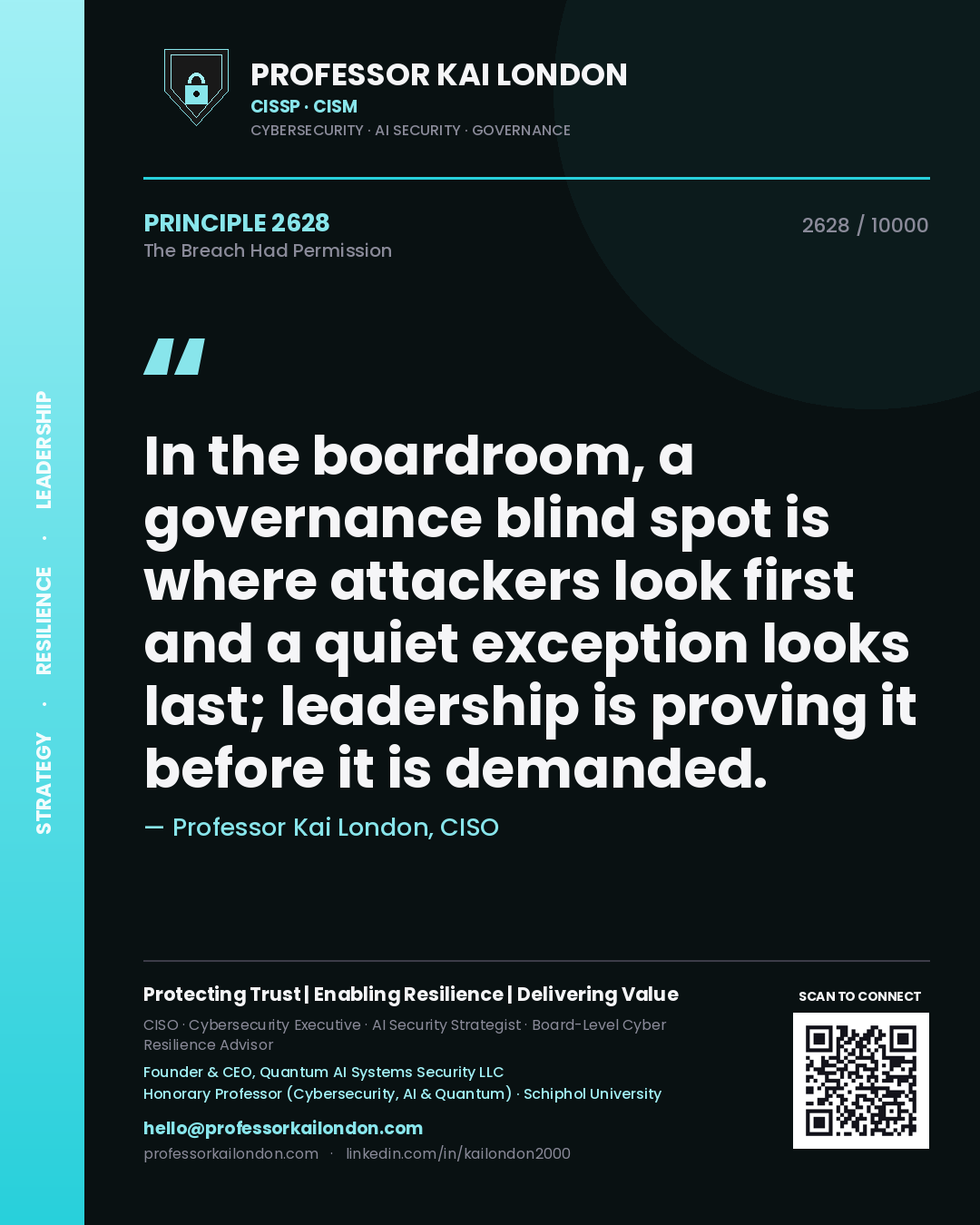 Quote card by Professor Kai London reading 'In the boardroom, a governance blind spot is where attackers look first and a quiet exception looks last; leadership is proving it before it is demanded.'. From the book The Breach Had Permission.