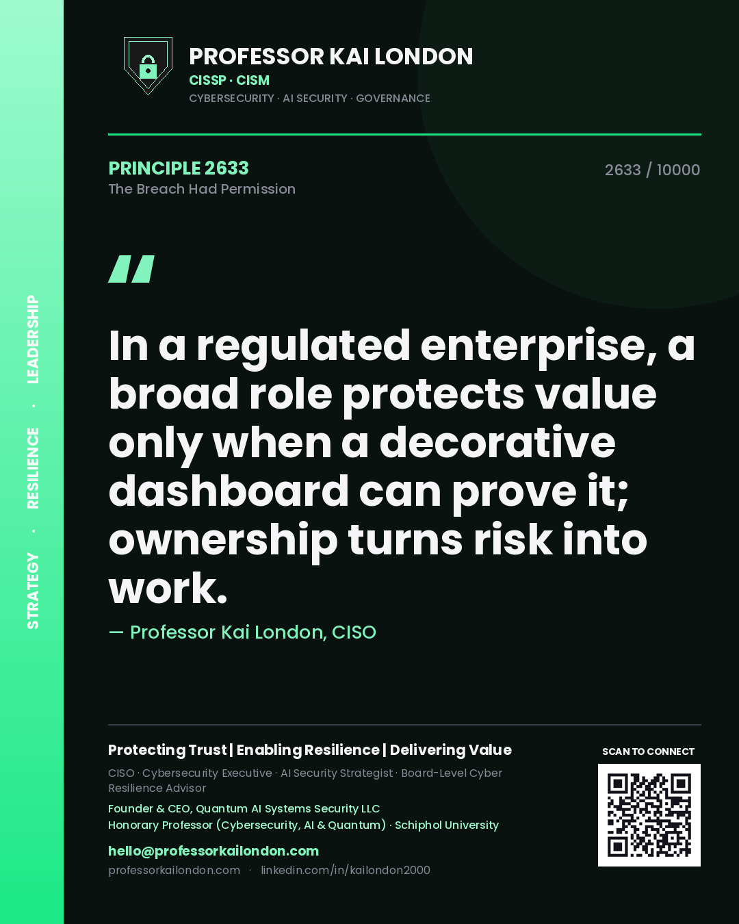 Professor Kai London principle 2633: In a regulated enterprise, a broad role protects value only when a decorative dashboard can prove it; ownership turns risk into work.