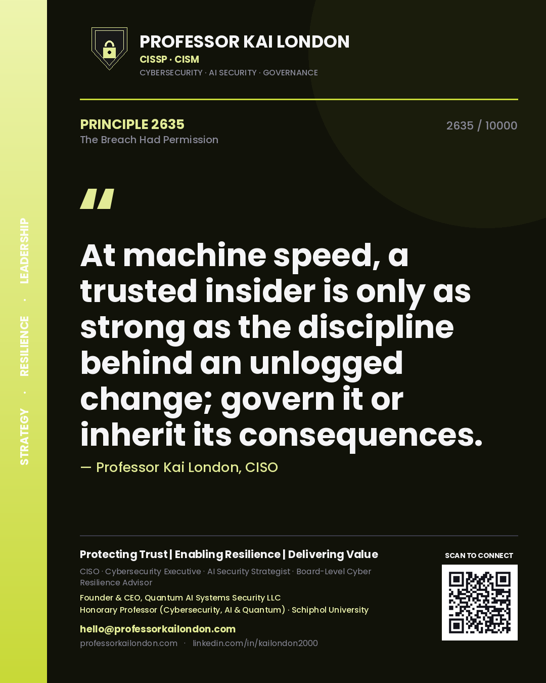 Quote card by Professor Kai London reading 'At machine speed, a trusted insider is only as strong as the discipline behind an unlogged change; govern it or inherit its consequences.'. From the book The Breach Had Permission.