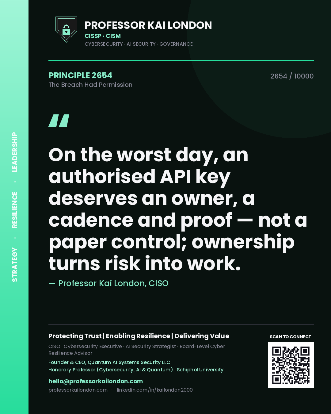 Professor Kai London principle 2654: On the worst day, an authorised API key deserves an owner, a cadence and proof — not a paper control; ownership turns risk into work.