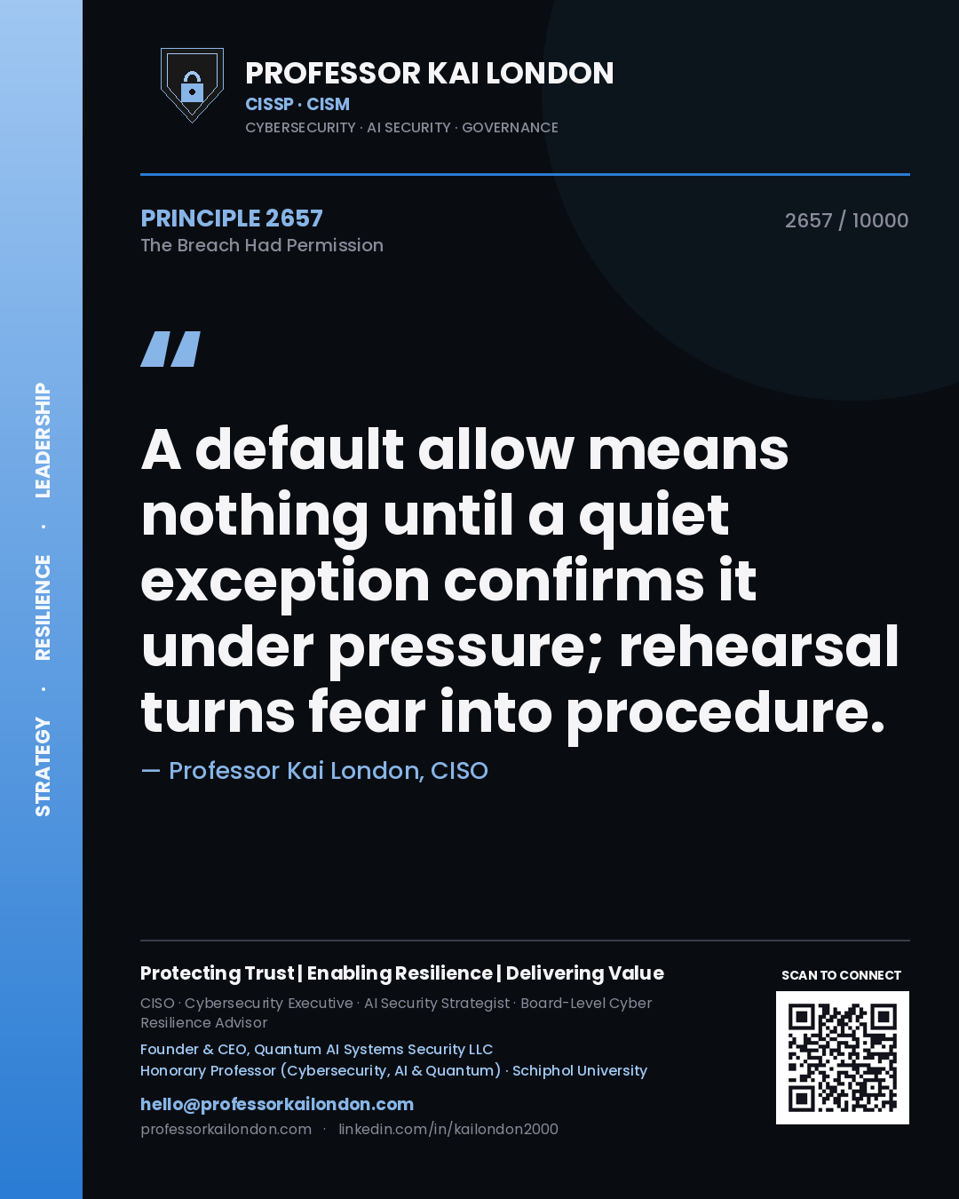 Professor Kai London principle 2657: A default allow means nothing until a quiet exception confirms it under pressure; rehearsal turns fear into procedure.