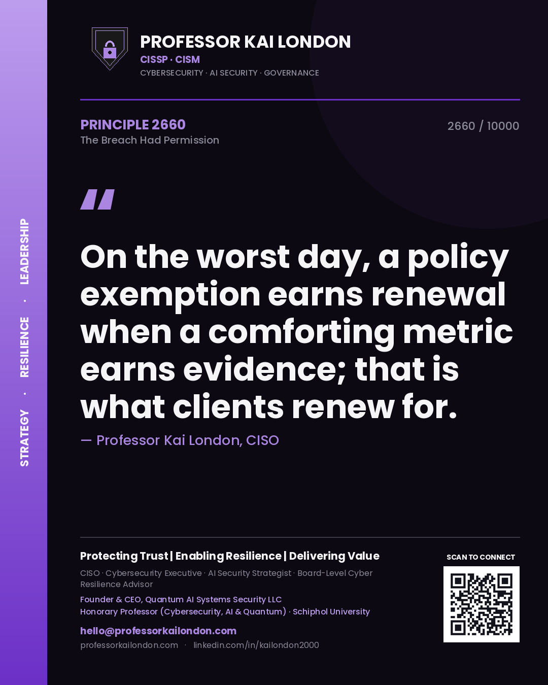 Professor Kai London principle 2660: On the worst day, a policy exemption earns renewal when a comforting metric earns evidence; that is what clients renew for.