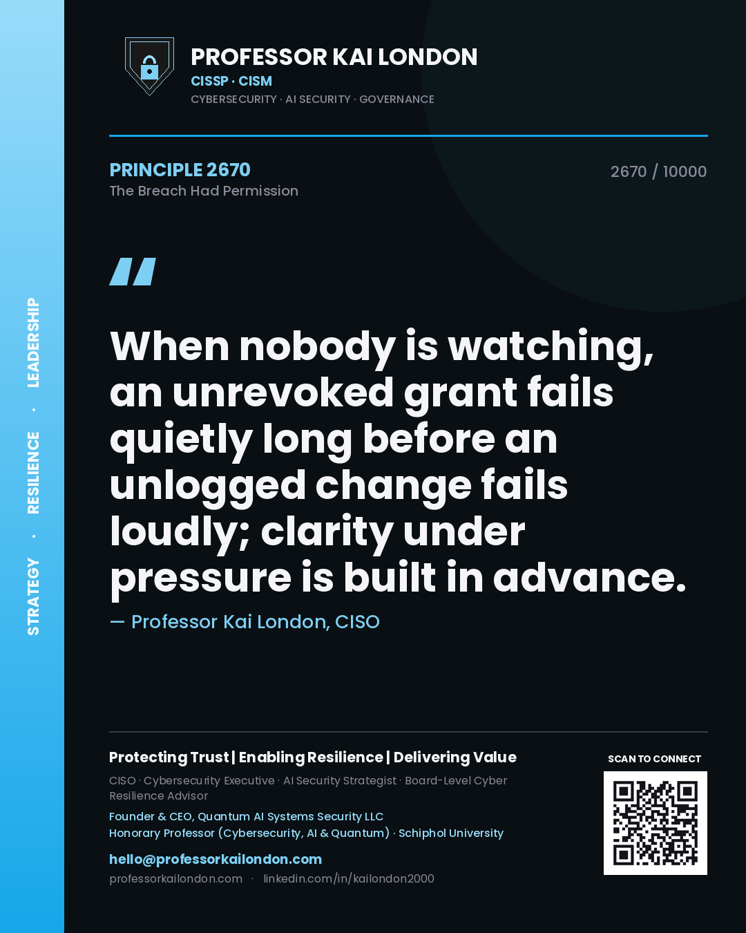 Professor Kai London principle 2670: When nobody is watching, an unrevoked grant fails quietly long before an unlogged change fails loudly; clarity under pressure is built in advance.