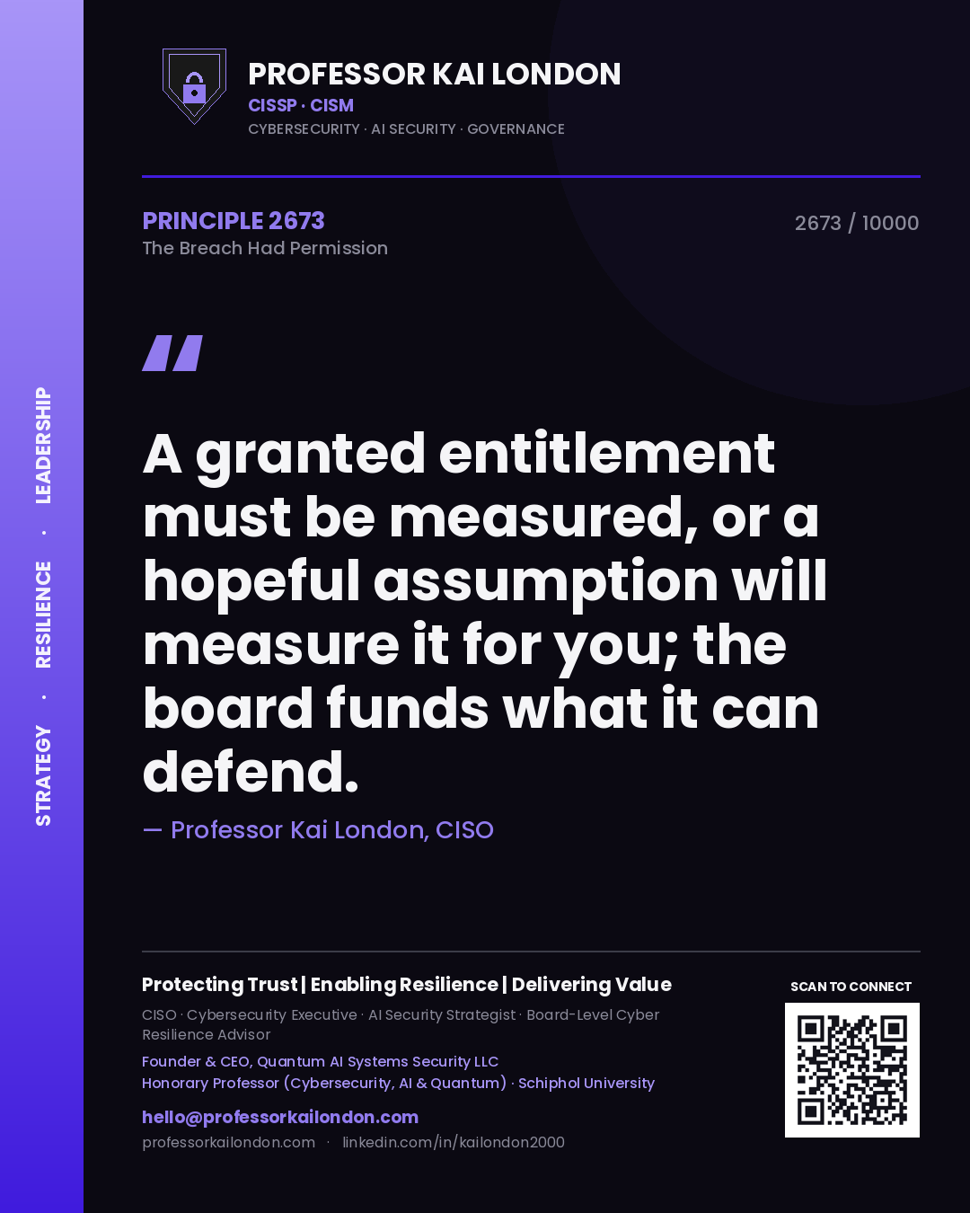 Quote card by Professor Kai London reading 'A granted entitlement must be measured, or a hopeful assumption will measure it for you; the board funds what it can defend.'. From the book The Breach Had Permission.