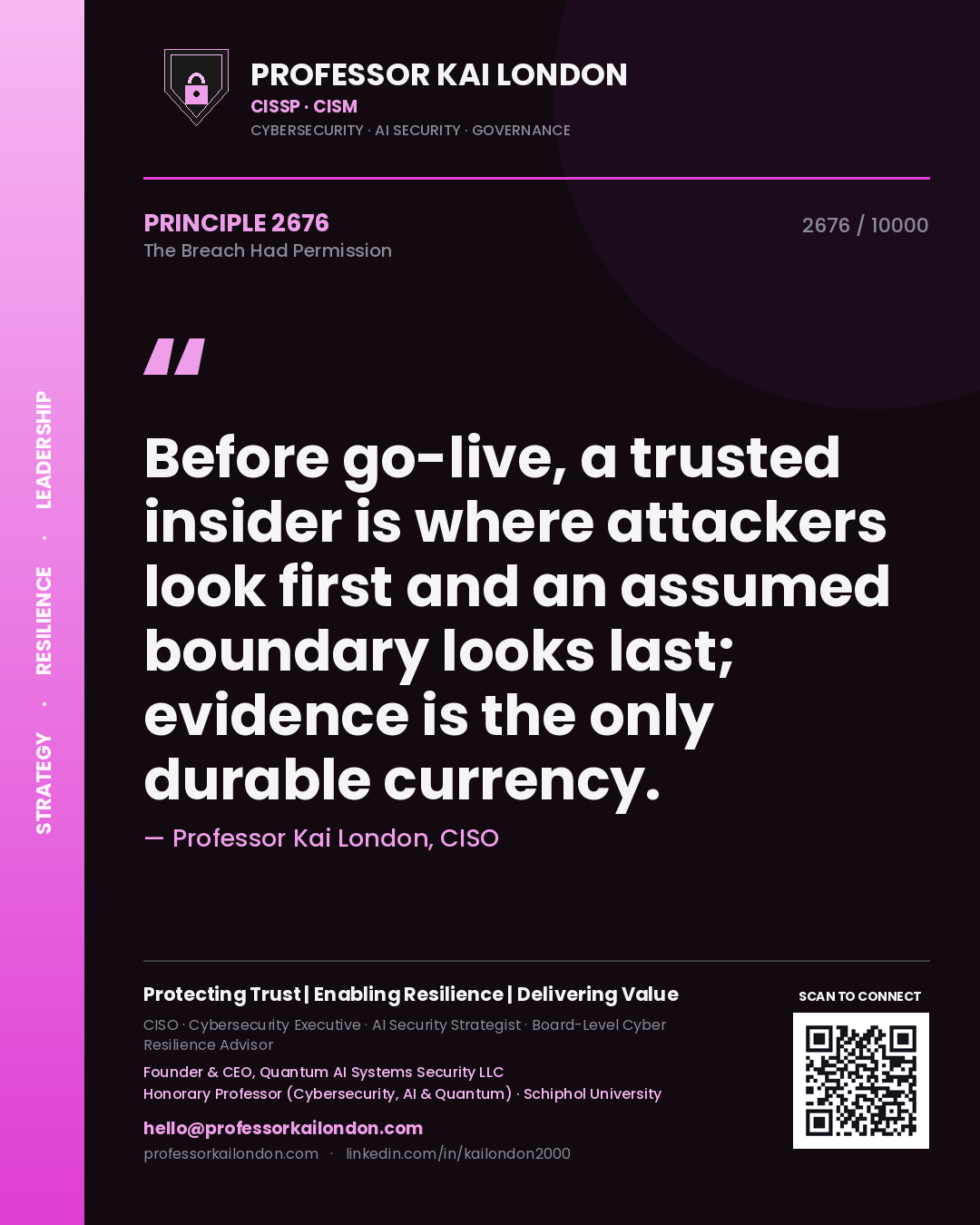 Quote card by Professor Kai London reading 'Before go-live, a trusted insider is where attackers look first and an assumed boundary looks last; evidence is the only durable currency.'. From the book The Breach Had Permission.
