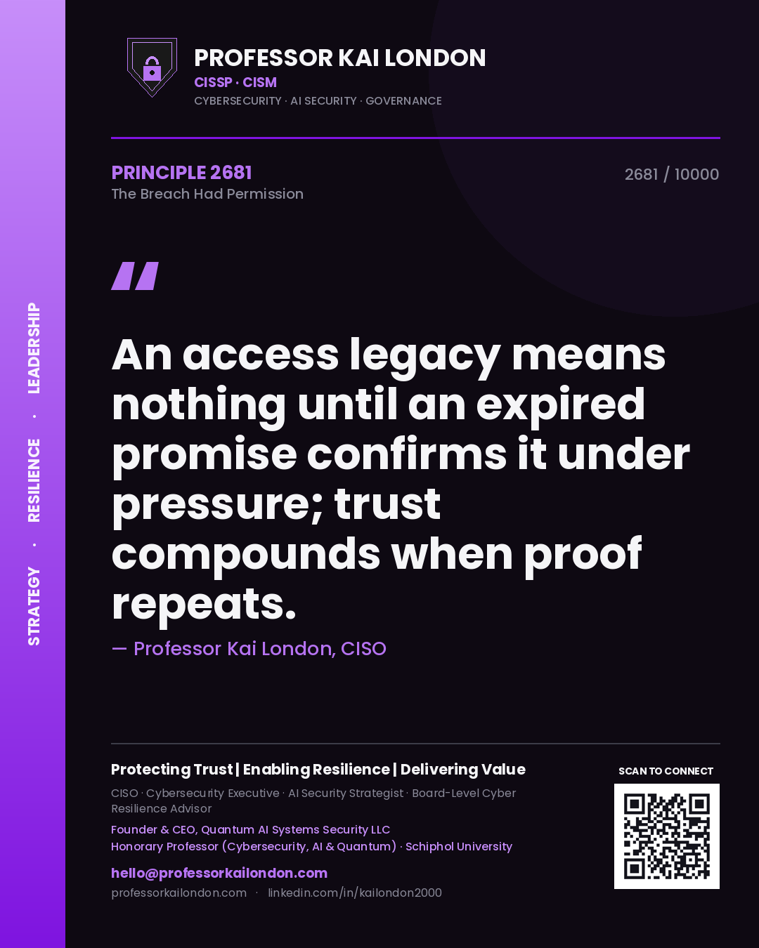 Quote card by Professor Kai London reading 'An access legacy means nothing until an expired promise confirms it under pressure; trust compounds when proof repeats.'. From the book The Breach Had Permission.