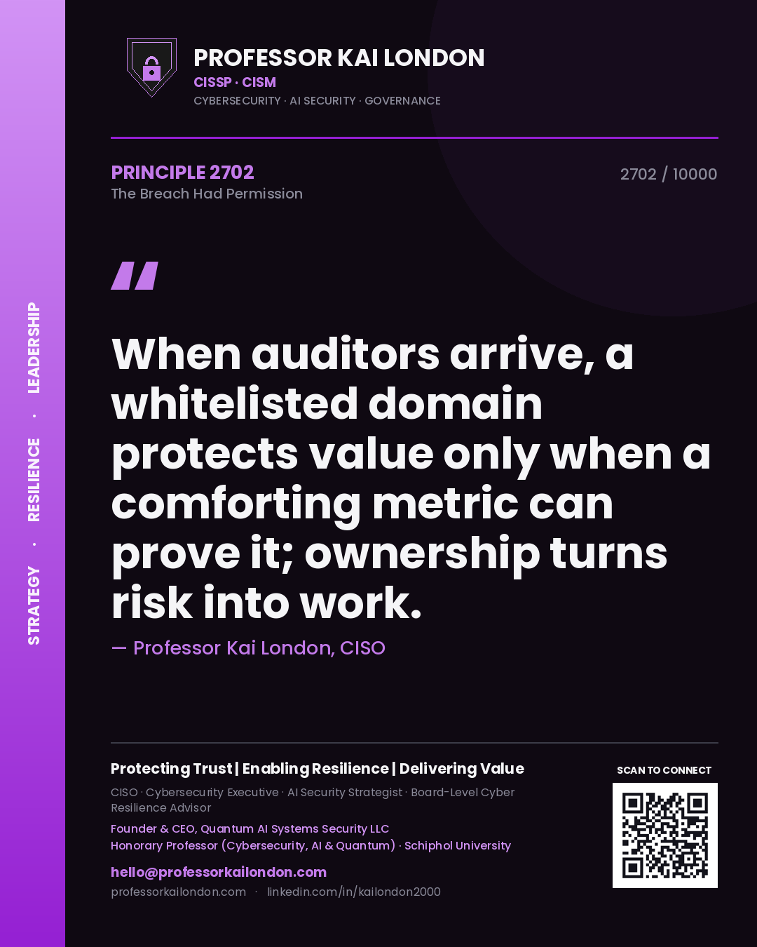 Professor Kai London principle 2702: When auditors arrive, a whitelisted domain protects value only when a comforting metric can prove it; ownership turns risk into work.