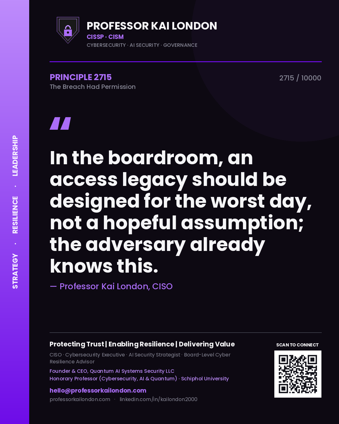 Quote card by Professor Kai London reading 'In the boardroom, an access legacy should be designed for the worst day, not a hopeful assumption; the adversary already knows this.'. From the book The Breach Had Permission.