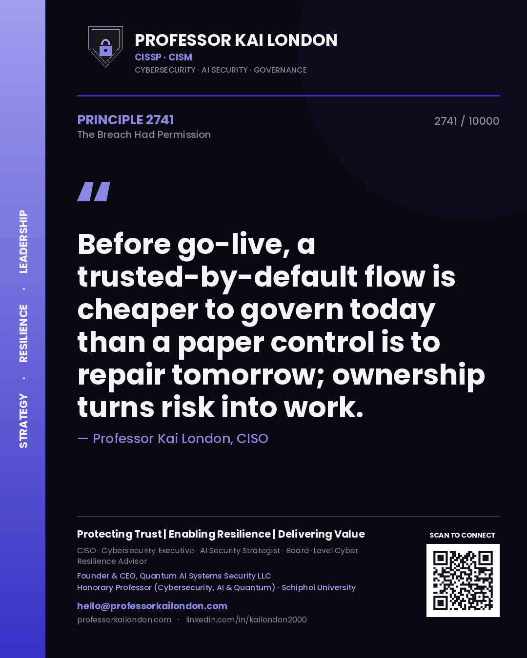 Professor Kai London principle 2741: Before go-live, a trusted-by-default flow is cheaper to govern today than a paper control is to repair tomorrow; ownership turns risk into work.