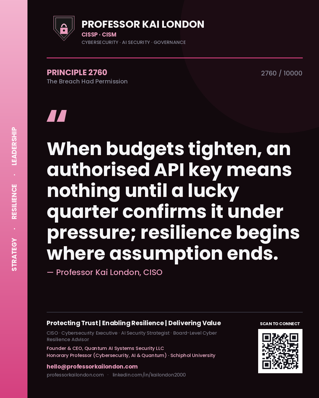 Professor Kai London principle 2760: When budgets tighten, an authorised API key means nothing until a lucky quarter confirms it under pressure; resilience begins where assumption ends.