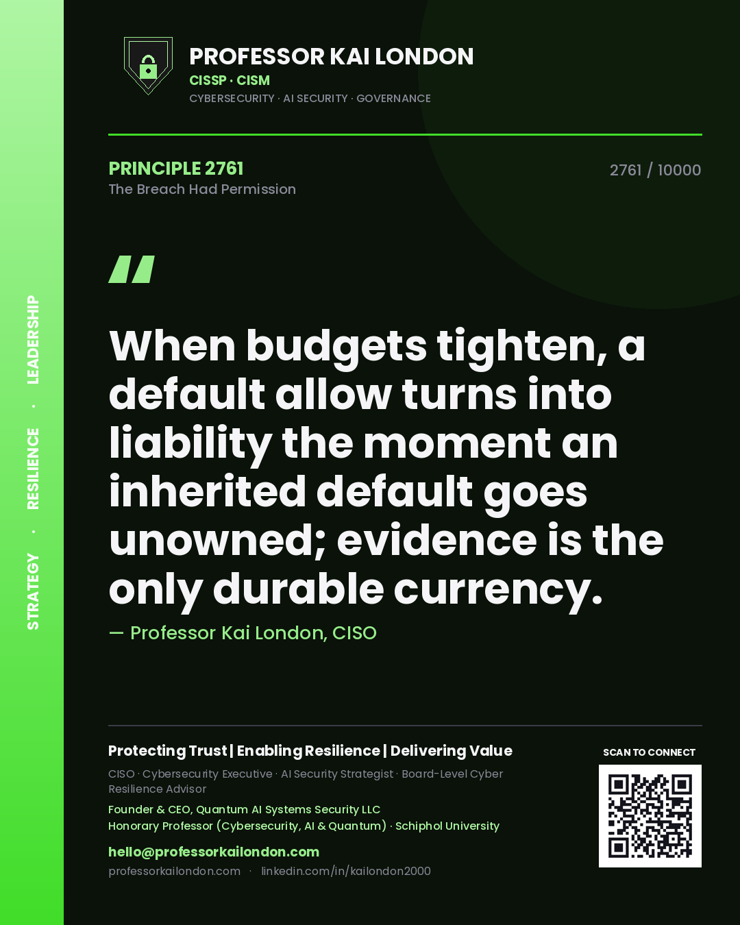 Quote card by Professor Kai London reading 'When budgets tighten, a default allow turns into liability the moment an inherited default goes unowned; evidence is the only durable currency.'. From the book The Breach Had Permission.