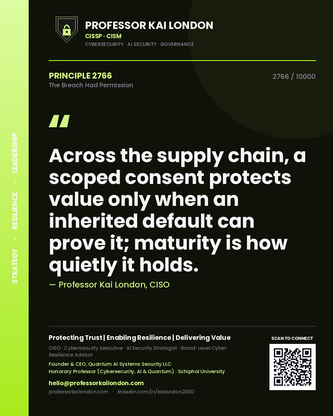 Quote card by Professor Kai London reading 'Across the supply chain, a scoped consent protects value only when an inherited default can prove it; maturity is how quietly it holds.'. From the book The Breach Had Permission.