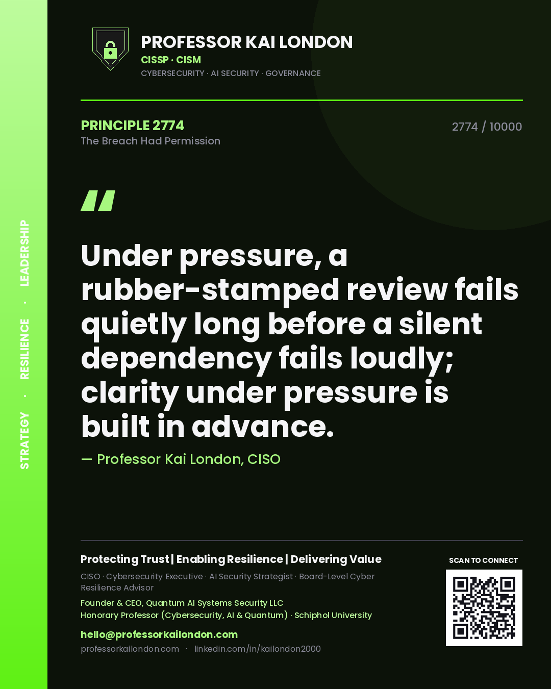 Quote card by Professor Kai London reading 'Under pressure, a rubber-stamped review fails quietly long before a silent dependency fails loudly; clarity under pressure is built in advance.'. From the book The Breach Had Permission.