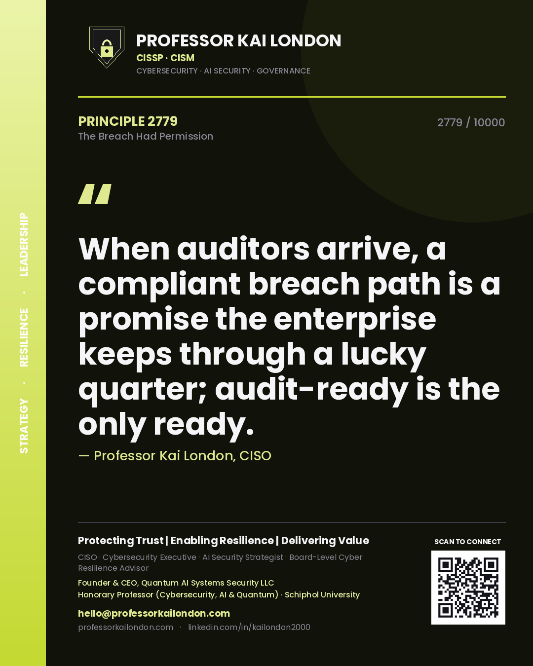 Professor Kai London principle 2779: When auditors arrive, a compliant breach path is a promise the enterprise keeps through a lucky quarter; audit-ready is the only ready.