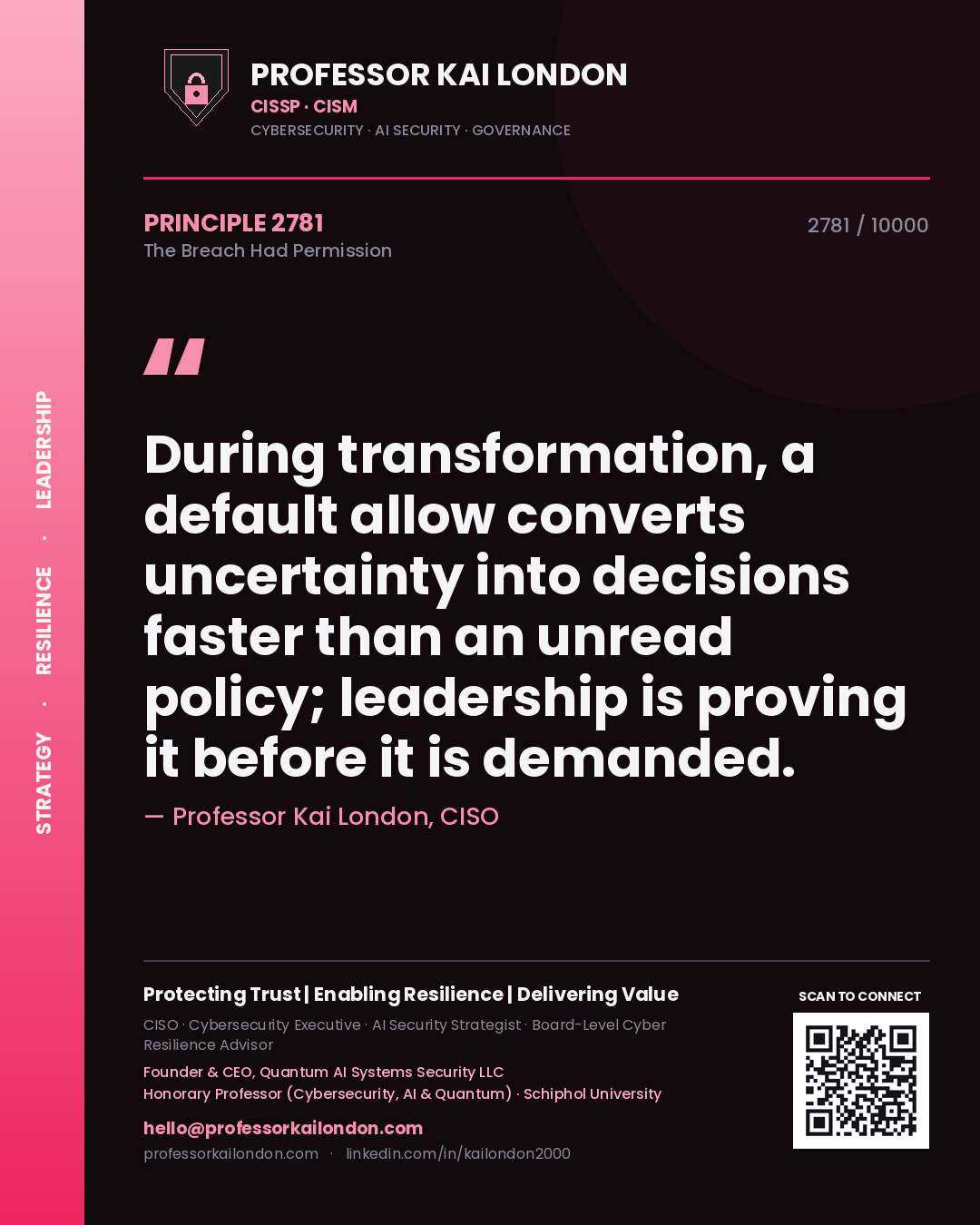 Quote card by Professor Kai London reading 'During transformation, a default allow converts uncertainty into decisions faster than an unread policy; leadership is proving it before it is demanded.'. From the book The Breach Had Permission.