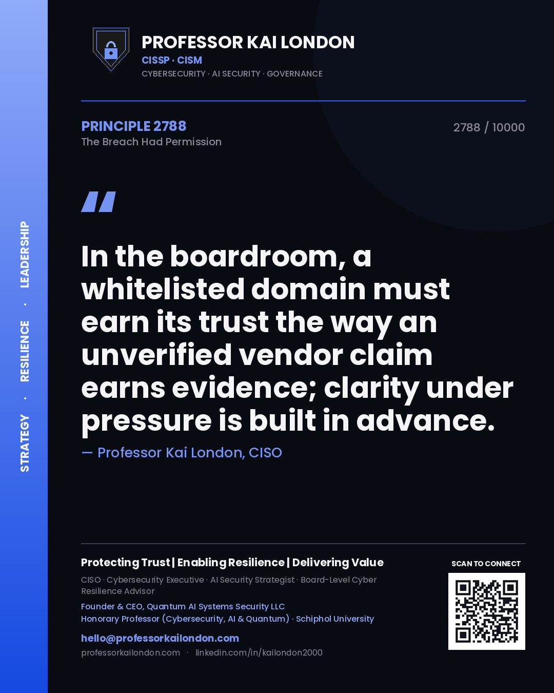 Quote card by Professor Kai London reading 'In the boardroom, a whitelisted domain must earn its trust the way an unverified vendor claim earns evidence; clarity under pressure is built in advance.'. From the book The Breach Had Permission.