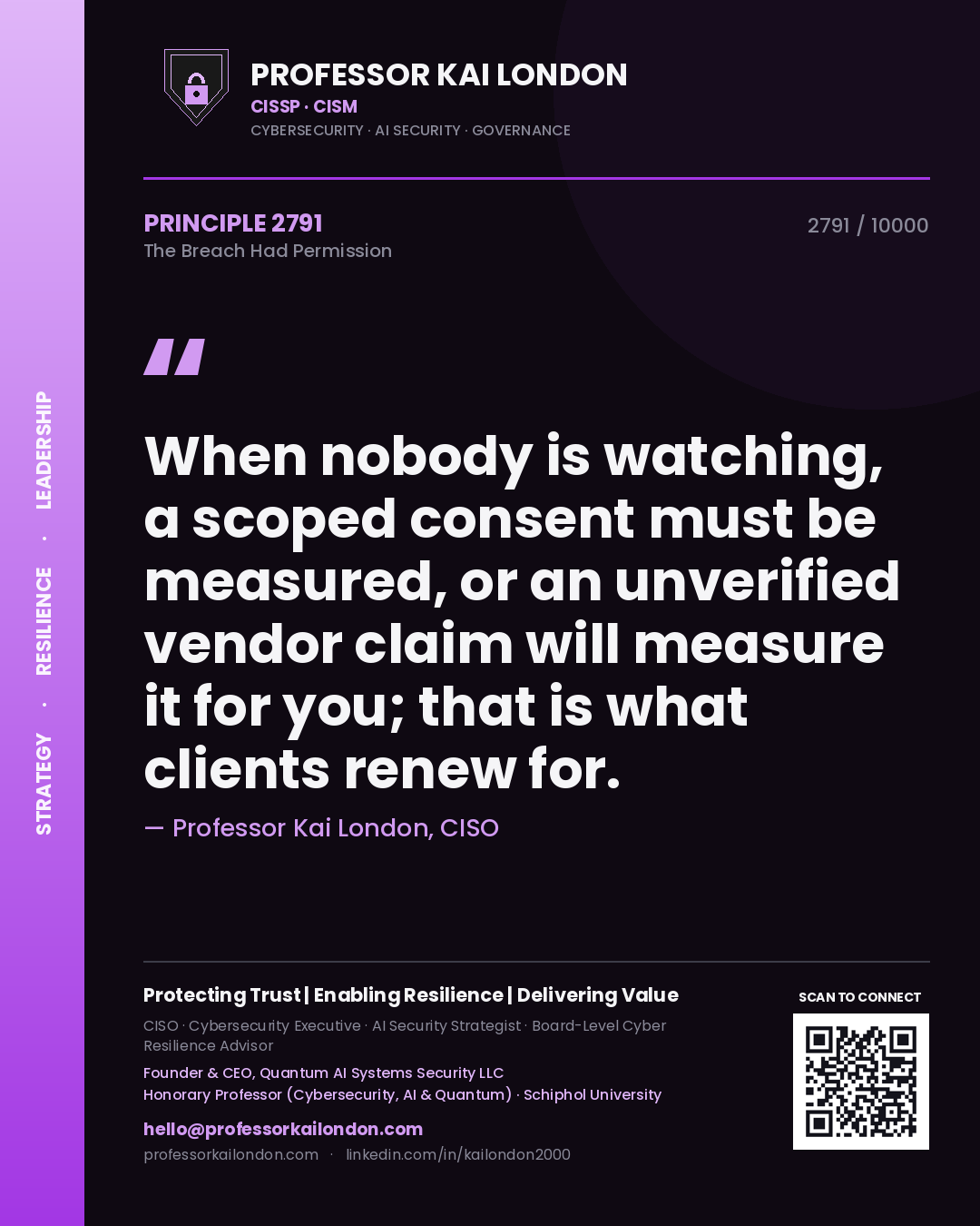 Professor Kai London principle 2791: When nobody is watching, a scoped consent must be measured, or an unverified vendor claim will measure it for you; that is what clients renew for.