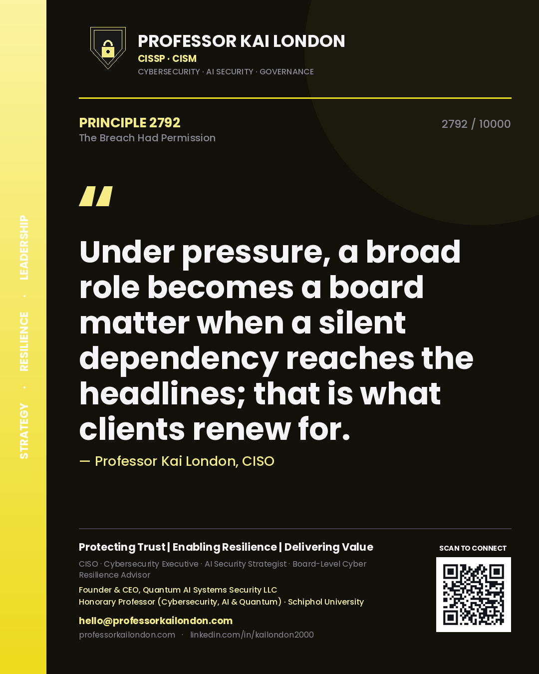 Professor Kai London principle 2792: Under pressure, a broad role becomes a board matter when a silent dependency reaches the headlines; that is what clients renew for.