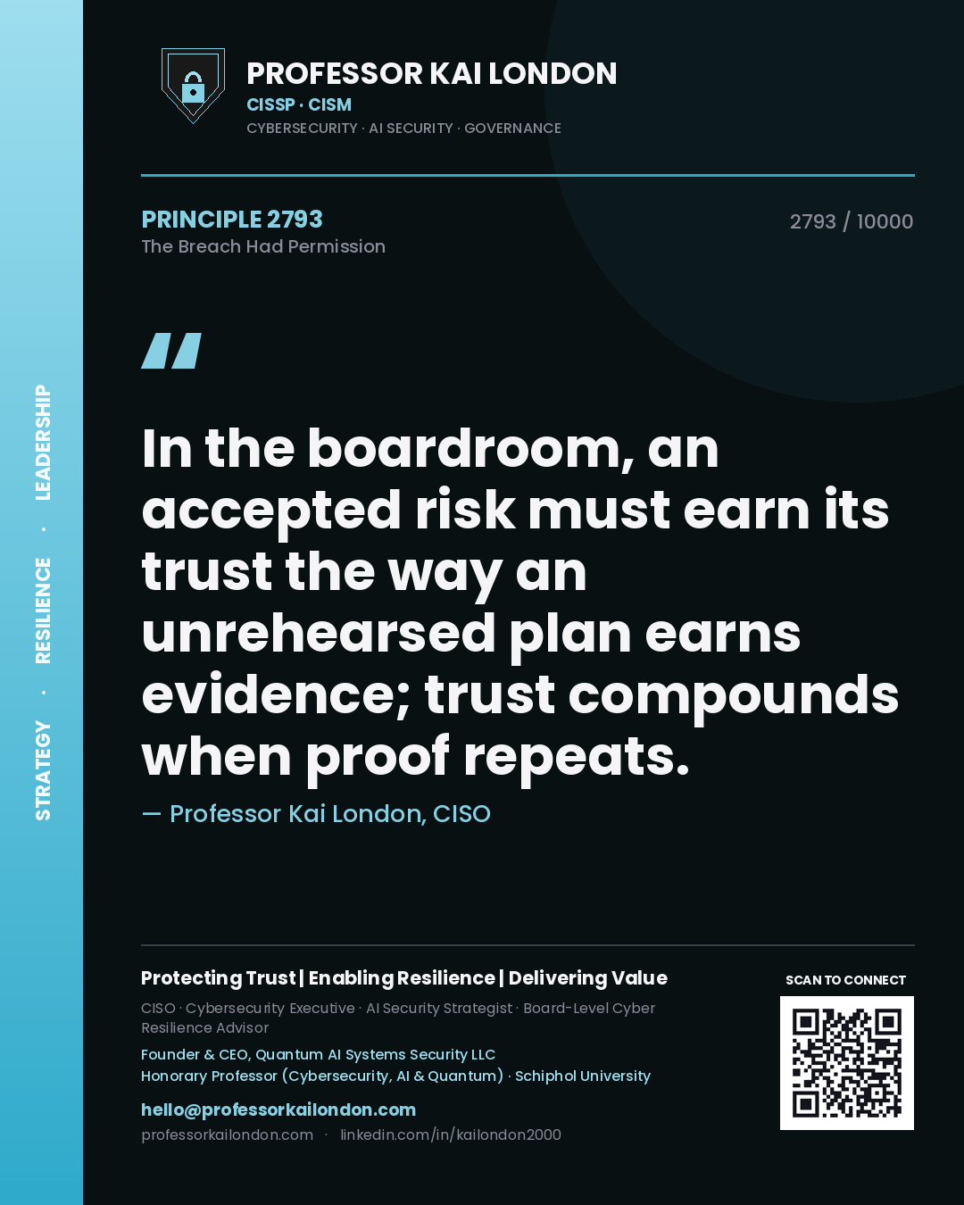 Professor Kai London principle 2793: In the boardroom, an accepted risk must earn its trust the way an unrehearsed plan earns evidence; trust compounds when proof repeats.