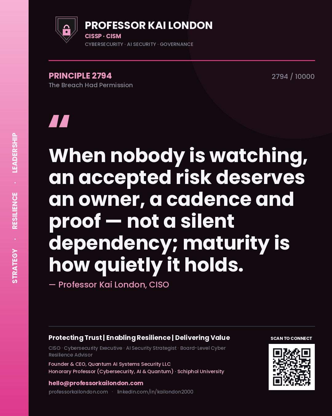 Professor Kai London principle 2794: When nobody is watching, an accepted risk deserves an owner, a cadence and proof — not a silent dependency; maturity is how quietly it holds.