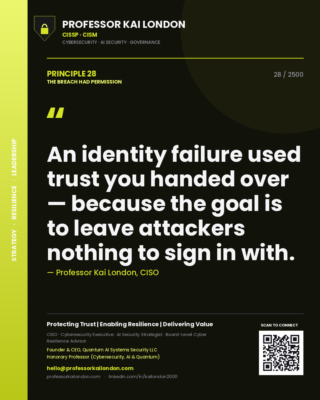 Professor Kai London principle 28: An identity failure used trust you handed over — because the goal is to leave attackers nothing to sign in with.
