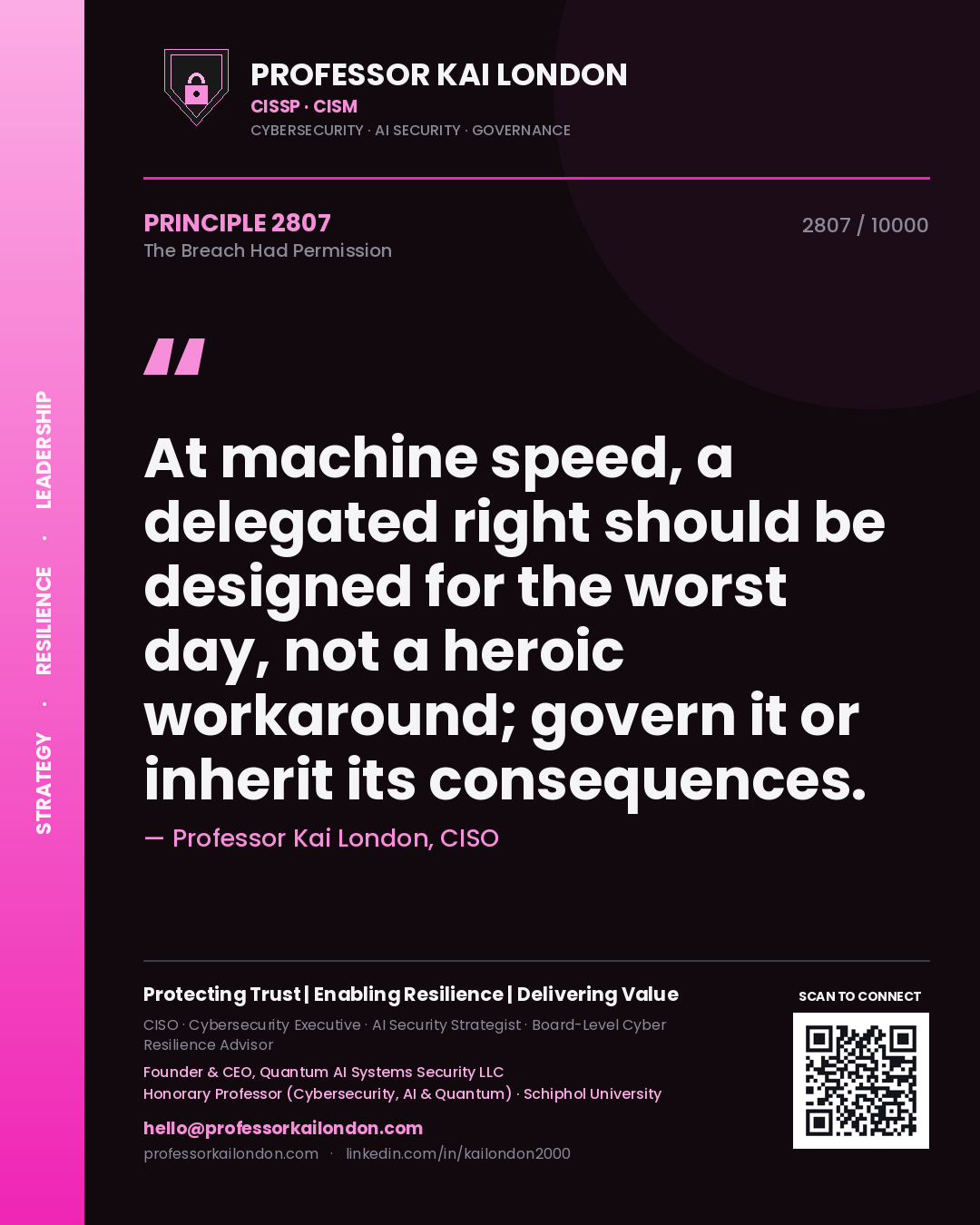 Professor Kai London principle 2807: At machine speed, a delegated right should be designed for the worst day, not a heroic workaround; govern it or inherit its consequences.