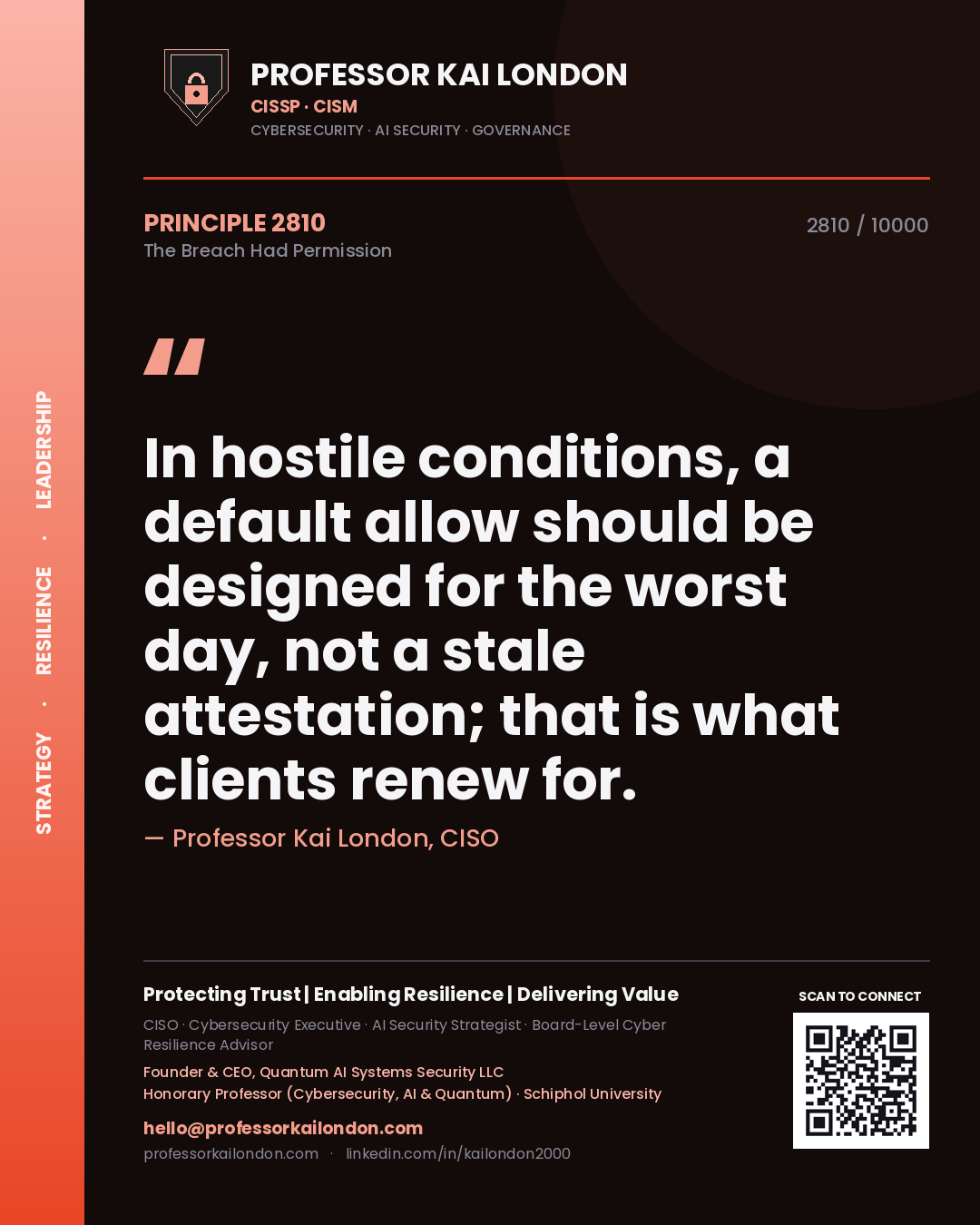 Professor Kai London principle 2810: In hostile conditions, a default allow should be designed for the worst day, not a stale attestation; that is what clients renew for.