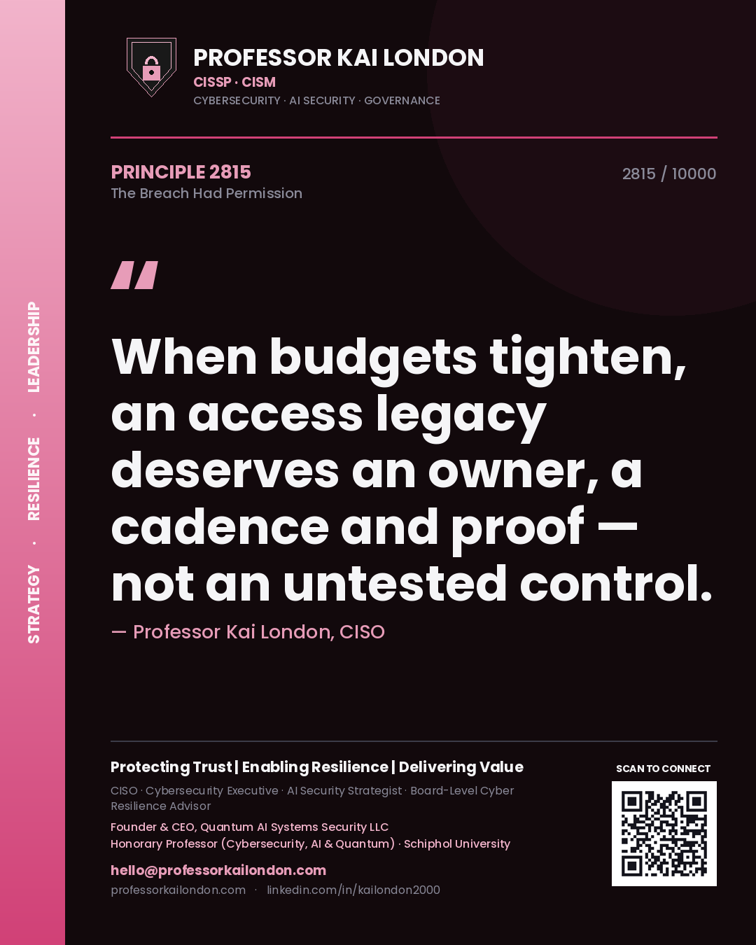 Professor Kai London principle 2815: When budgets tighten, an access legacy deserves an owner, a cadence and proof — not an untested control.