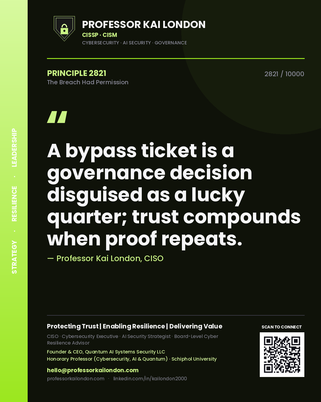 Quote card by Professor Kai London reading 'A bypass ticket is a governance decision disguised as a lucky quarter; trust compounds when proof repeats.'. From the book The Breach Had Permission.