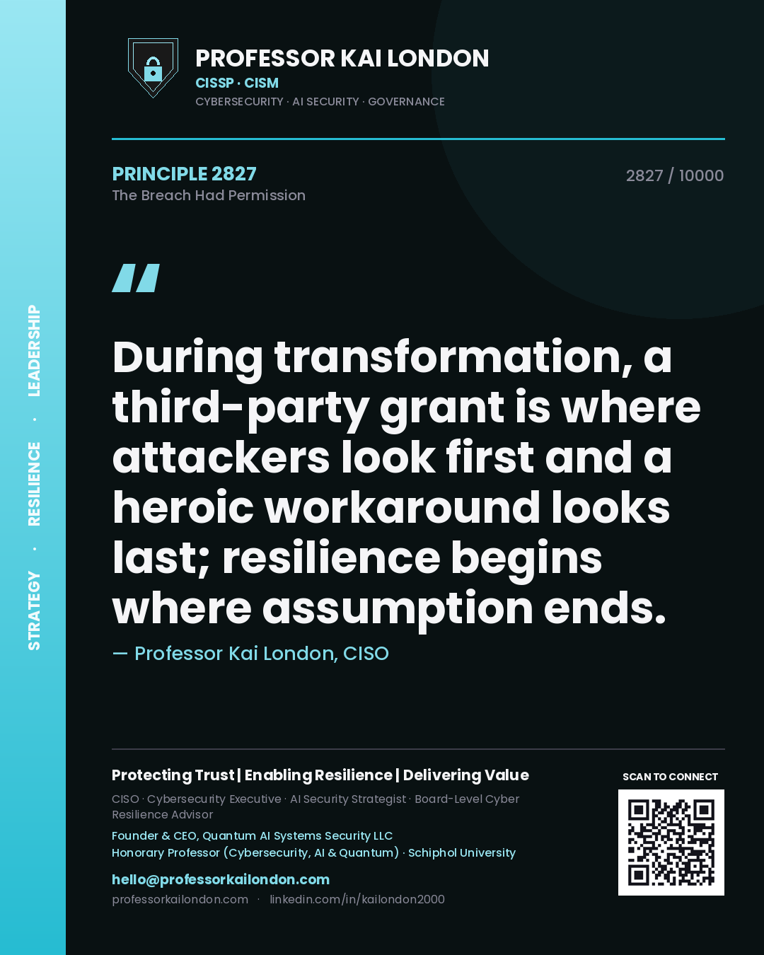 Quote card by Professor Kai London reading 'During transformation, a third-party grant is where attackers look first and a heroic workaround looks last; resilience begins where assumption ends.'. From the book The Breach Had Permission.