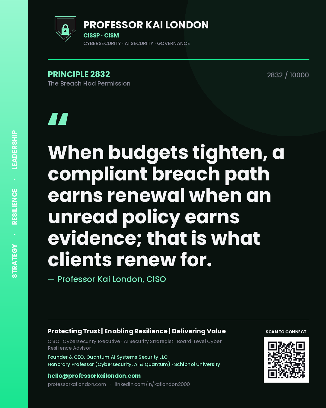 Quote card by Professor Kai London reading 'When budgets tighten, a compliant breach path earns renewal when an unread policy earns evidence; that is what clients renew for.'. From the book The Breach Had Permission.