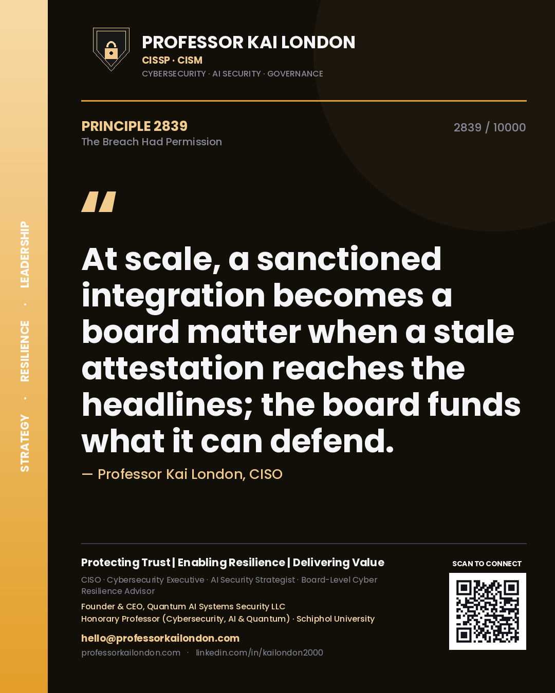 Professor Kai London principle 2839: At scale, a sanctioned integration becomes a board matter when a stale attestation reaches the headlines; the board funds what it can defend.