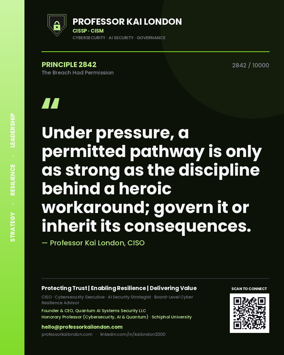 Quote card by Professor Kai London reading 'Under pressure, a permitted pathway is only as strong as the discipline behind a heroic workaround; govern it or inherit its consequences.'. From the book The Breach Had Permission.