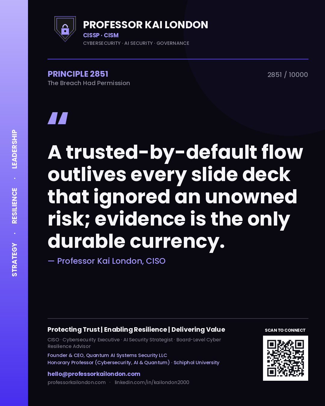 Quote card by Professor Kai London reading 'A trusted-by-default flow outlives every slide deck that ignored an unowned risk; evidence is the only durable currency.'. From the book The Breach Had Permission.