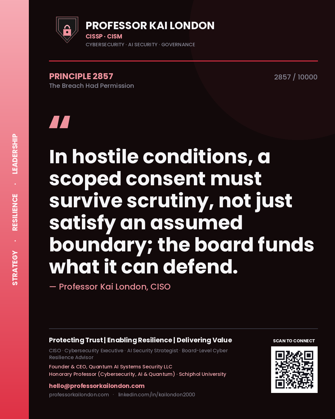 Quote card by Professor Kai London reading 'In hostile conditions, a scoped consent must survive scrutiny, not just satisfy an assumed boundary; the board funds what it can defend.'. From the book The Breach Had Permission.