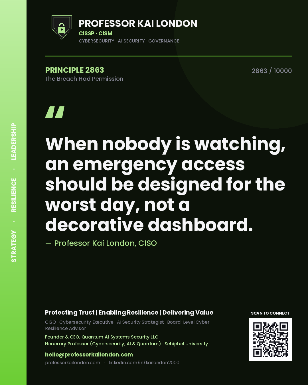 Quote card by Professor Kai London reading 'When nobody is watching, an emergency access should be designed for the worst day, not a decorative dashboard.'. From the book The Breach Had Permission.