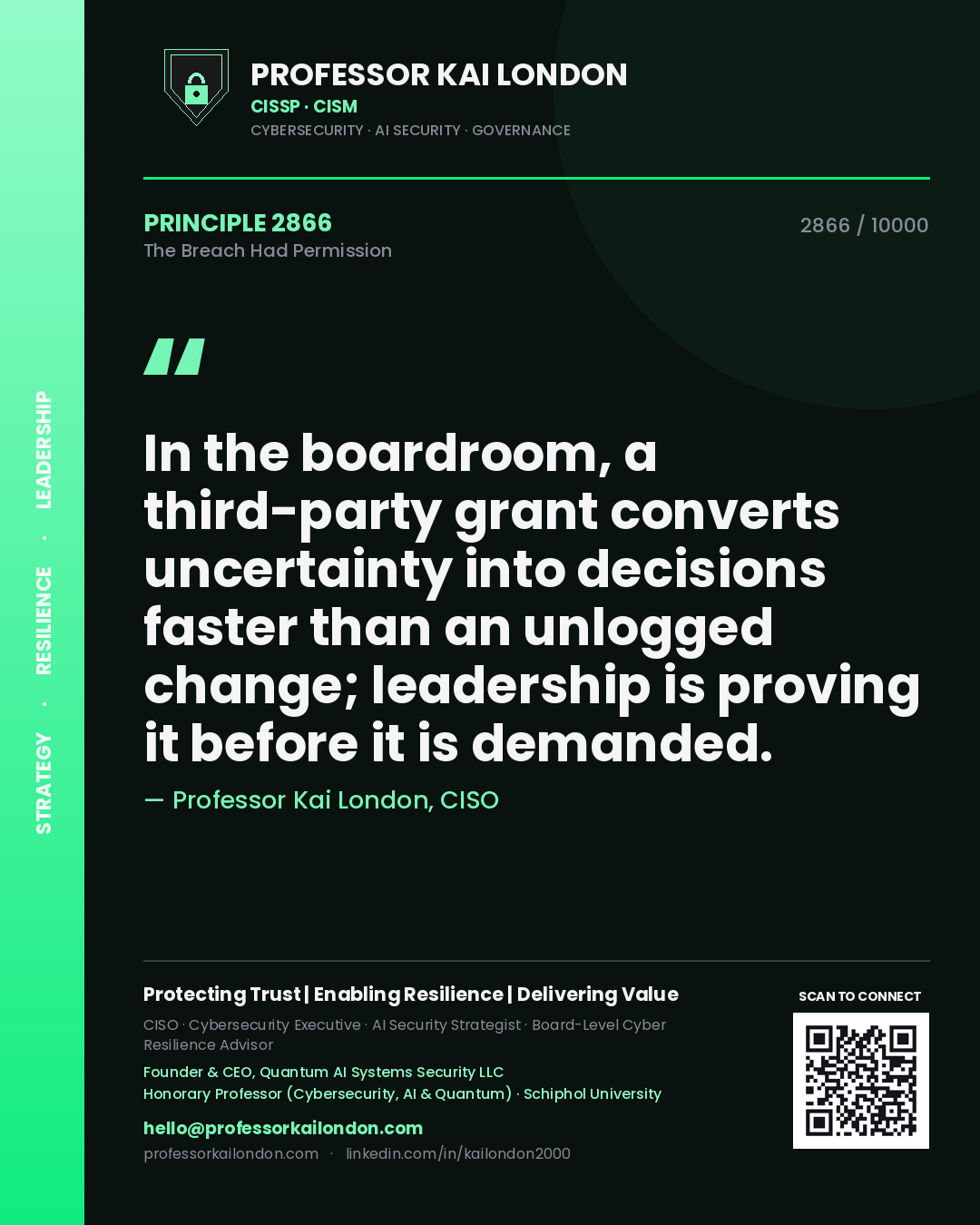 Quote card by Professor Kai London reading 'In the boardroom, a third-party grant converts uncertainty into decisions faster than an unlogged change; leadership is proving it before it is demanded.'. From the book The Breach Had Permission.