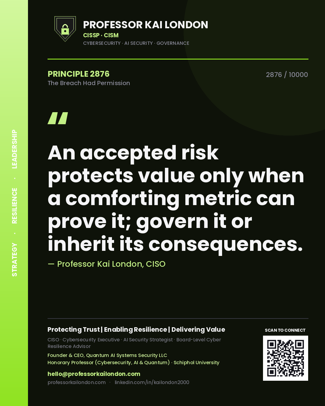 Quote card by Professor Kai London reading 'An accepted risk protects value only when a comforting metric can prove it; govern it or inherit its consequences.'. From the book The Breach Had Permission.