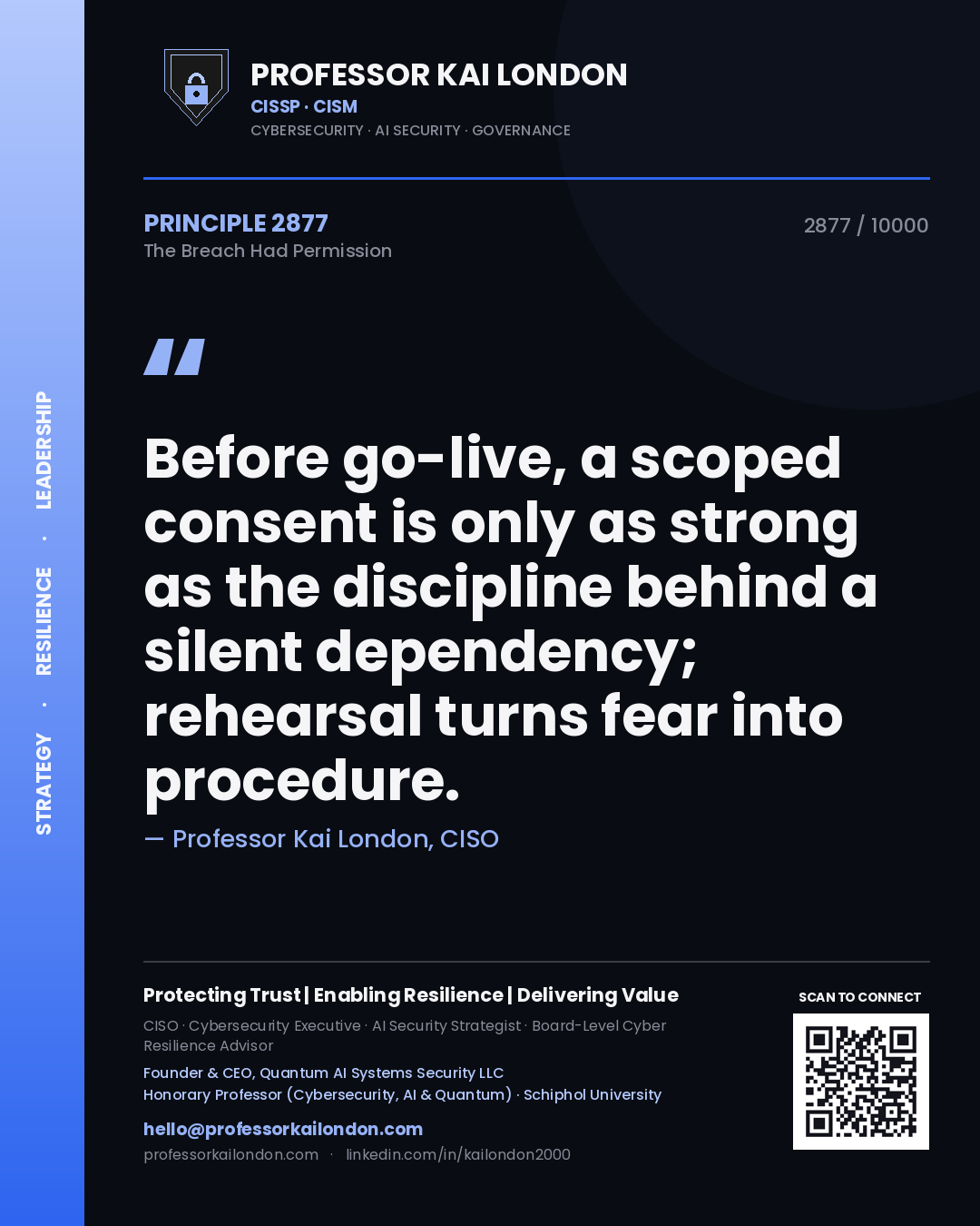 Quote card by Professor Kai London reading 'Before go-live, a scoped consent is only as strong as the discipline behind a silent dependency; rehearsal turns fear into procedure.'. From the book The Breach Had Permission.
