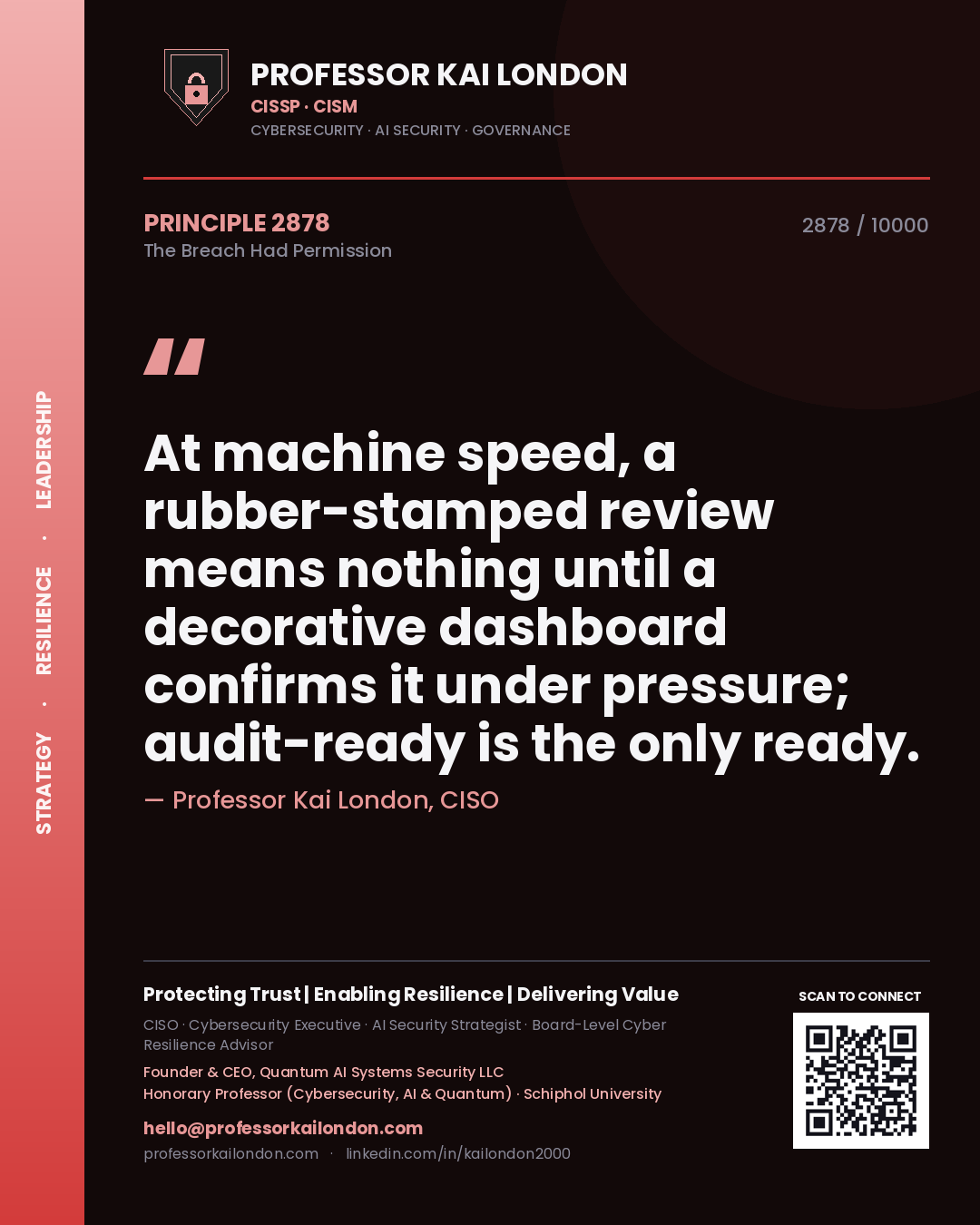 Professor Kai London principle 2878: At machine speed, a rubber-stamped review means nothing until a decorative dashboard confirms it under pressure; audit-ready is the only ready.