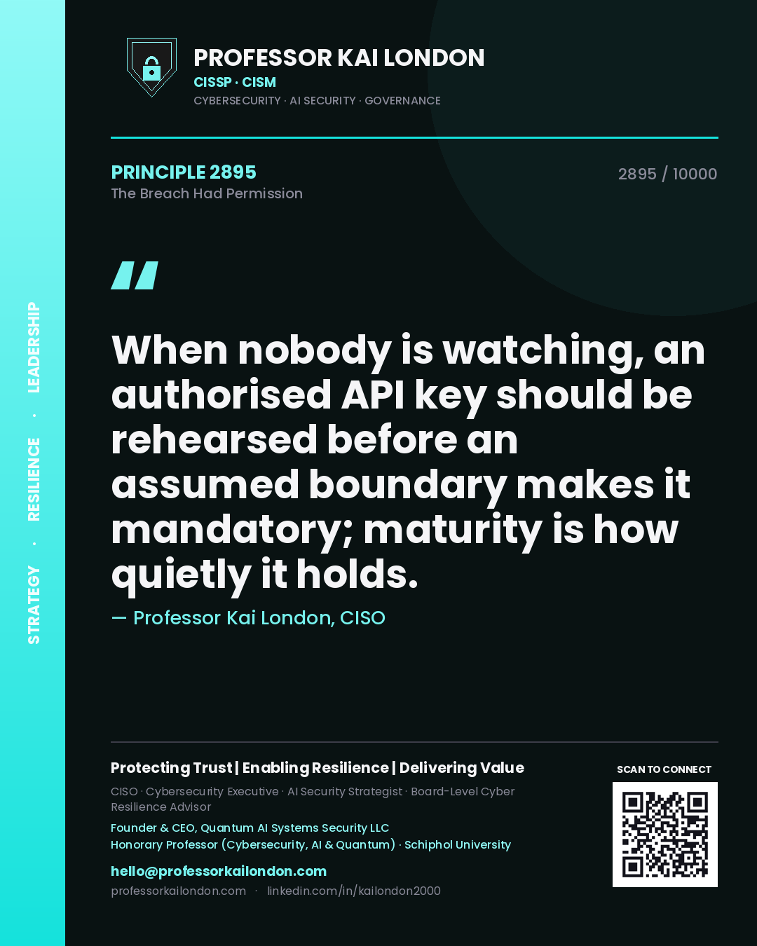 Professor Kai London principle 2895: When nobody is watching, an authorised API key should be rehearsed before an assumed boundary makes it mandatory; maturity is how quietly it holds.