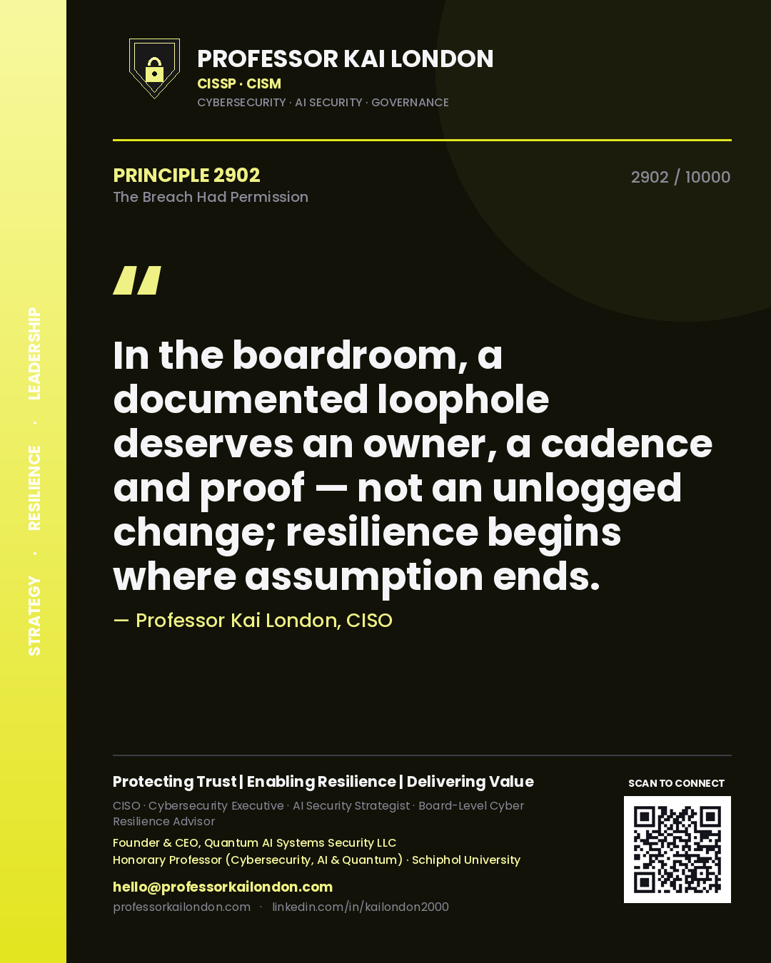 Quote card by Professor Kai London reading 'In the boardroom, a documented loophole deserves an owner, a cadence and proof — not an unlogged change; resilience begins where assumption ends.'. From the book The Breach Had Permission.