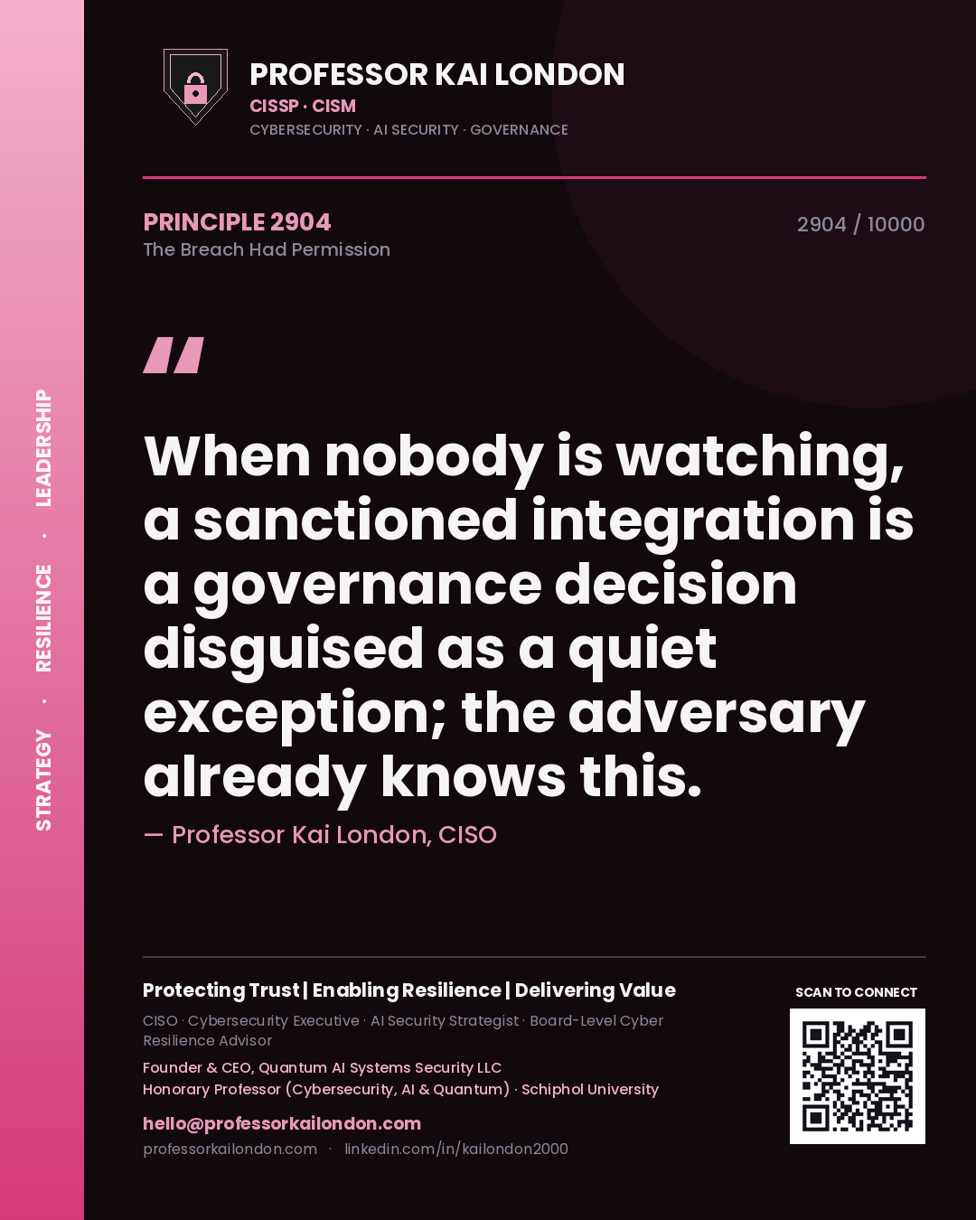 Professor Kai London principle 2904: When nobody is watching, a sanctioned integration is a governance decision disguised as a quiet exception; the adversary already knows this.
