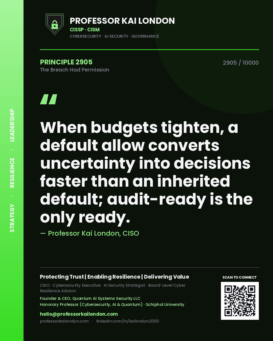 Quote card by Professor Kai London reading 'When budgets tighten, a default allow converts uncertainty into decisions faster than an inherited default; audit-ready is the only ready.'. From the book The Breach Had Permission.