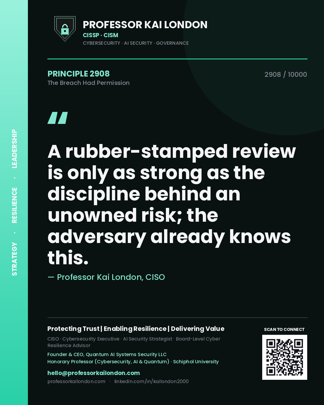 Professor Kai London principle 2908: A rubber-stamped review is only as strong as the discipline behind an unowned risk; the adversary already knows this.