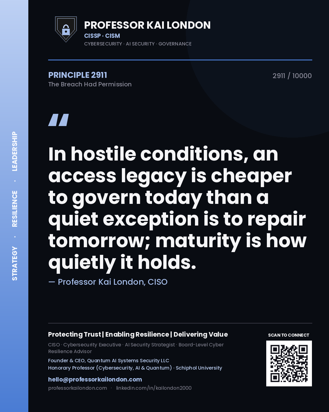 Quote card by Professor Kai London reading 'In hostile conditions, an access legacy is cheaper to govern today than a quiet exception is to repair tomorrow; maturity is how quietly it holds.'. From the book The Breach Had Permission.