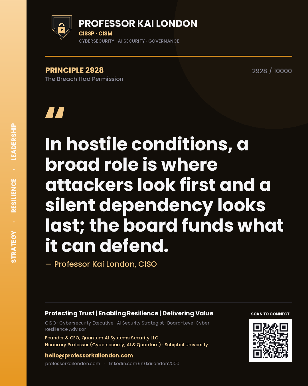 Professor Kai London principle 2928: In hostile conditions, a broad role is where attackers look first and a silent dependency looks last; the board funds what it can defend.